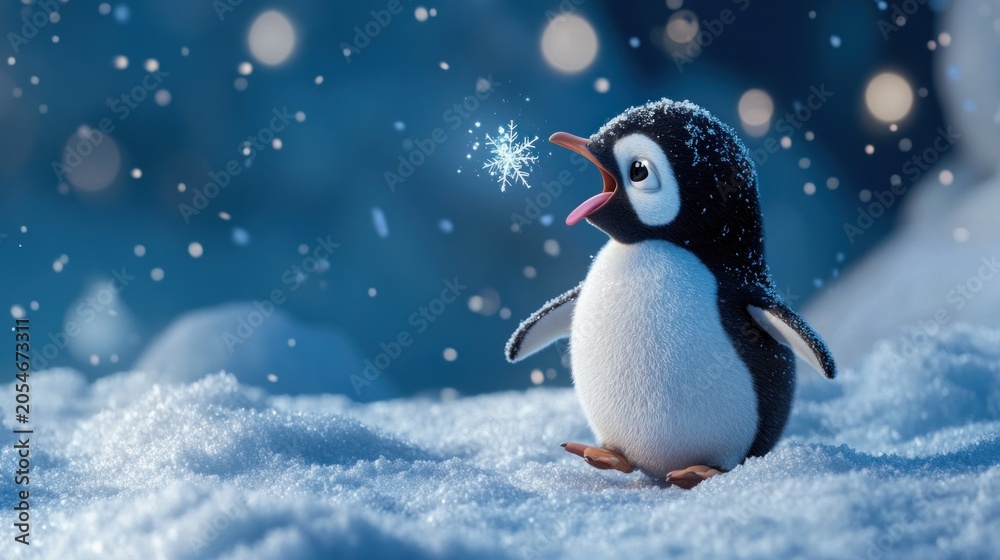 Obraz premium Cute penguin in snowy wonderland