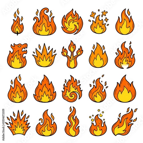 Collection of various cartoon fire icons with different shapes and styles for animation and design projects