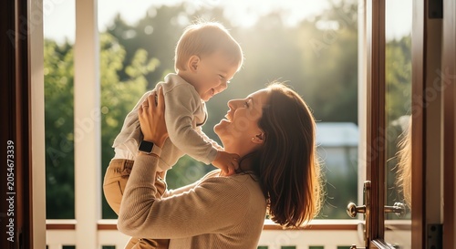 Mother lifts laughing baby on porch with golden hour sunlight