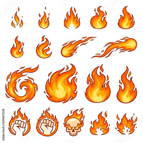 Collection of fire emoji illustrations varying in size and style for digital and graphic design