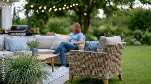 Woman relaxing on a patio sofa in a backyard garden with string lights, surrounded by greenery and a barbecue grill in the background during a summer evening