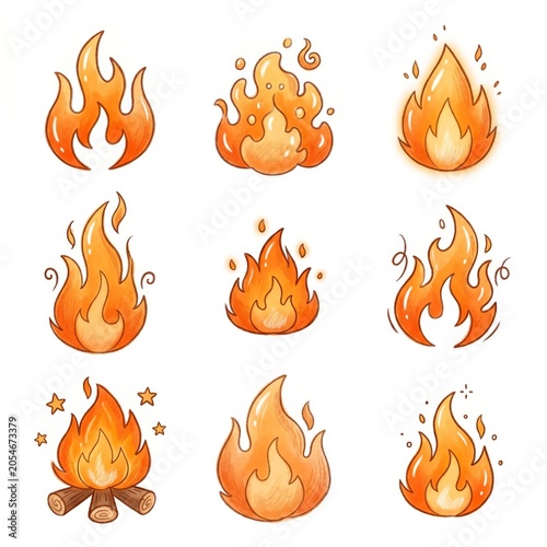 Collection of Nine Flame Icons in Cartoon Style for Digital and Art Projects