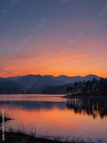 A tranquil lake reflected in the evening sunset