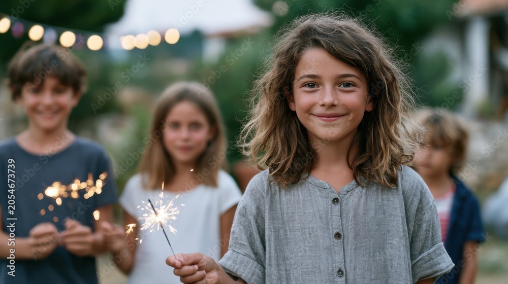 Fototapeta premium Children holding sparklers during Independence Day celebration in a garden, with string lights and blurred background creating a festive atmosphere
