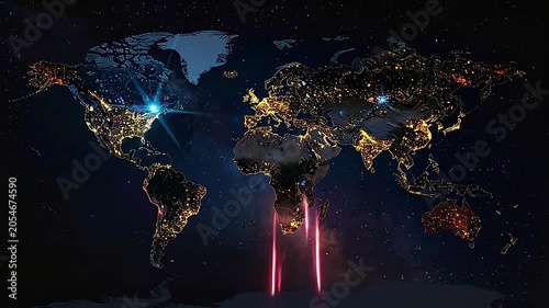 A glowing digital map of the world showing bright city lights