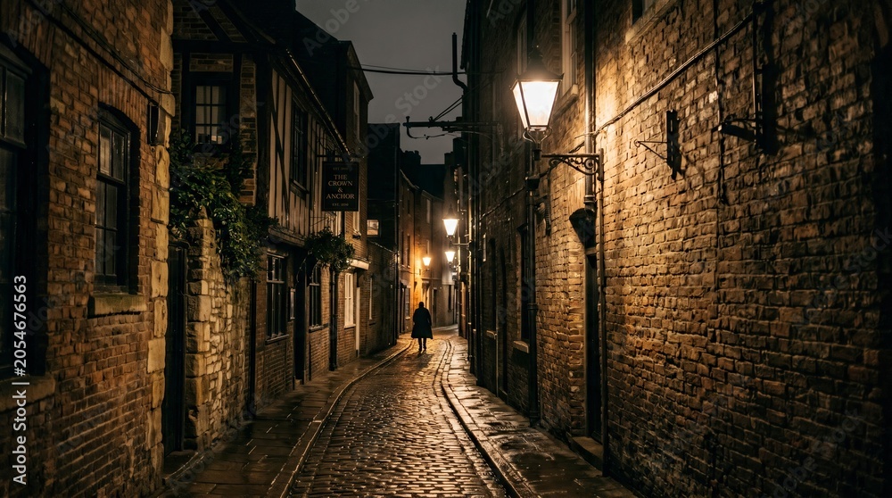 Obraz premium Street Alley in an Old City at Night, Wet Cobblestones Reflecting Warm Streetlights and Creating a Dramatic Atmosphere for Travel and Urban