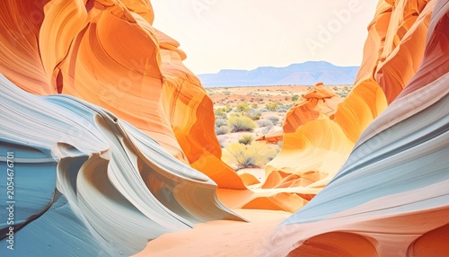 Curving red and blue sandstone canyon walls in desert with sandstone landscape formation textures patterns wilderness environment sculpted sedimentary geological