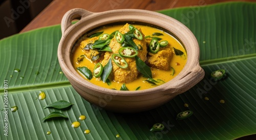Traditional yellow fish curry in clay pot on banana leaf
