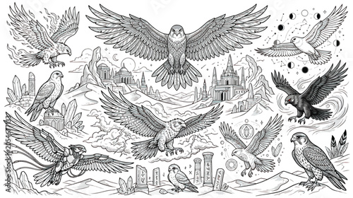 Schilderij op canvas Mystical eagle vector collection, celestial hawk line art set, majestic birds of