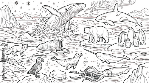 Bild auf Leinwand Arctic animals coloring page vector, polar wildlife landscape with whale and pen