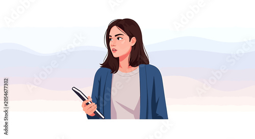 Woman holding a pen looking.