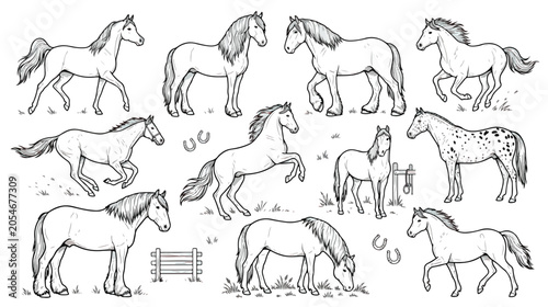 Foto Hand drawn horse vector set, vintage equestrian sketches of galloping and standi