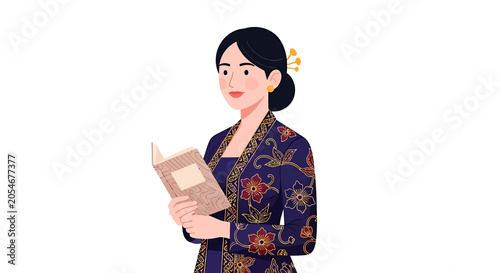 Woman Holding Book in Traditional Attire.