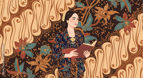 Woman Holding Book in Traditional Attire.