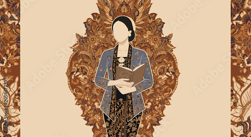Woman Holding Book in Traditional Attire.