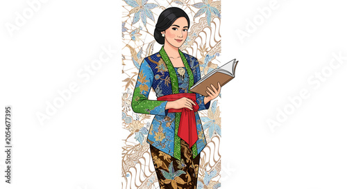 Woman holding an open book outside.
