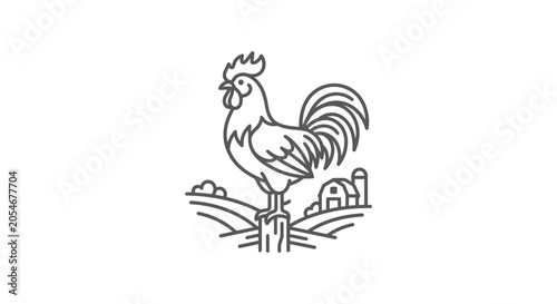 Bilde på lerret Rooster crowing on wooden fence in rural farm landscape.