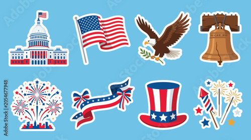 Valokuva Set of patriotic American themed vector graphic stickers featuring national symb