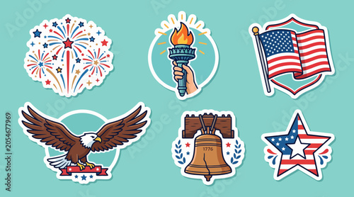 Collection of colorful patriotic vector sticker designs featuring iconic American symbols like the eagle liberty bell and national flag elements