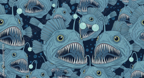 Menacing deep-sea anglerfish with sharp teeth and glowing lures create a dense and eerie seamless pattern for dark themed underwater designs.