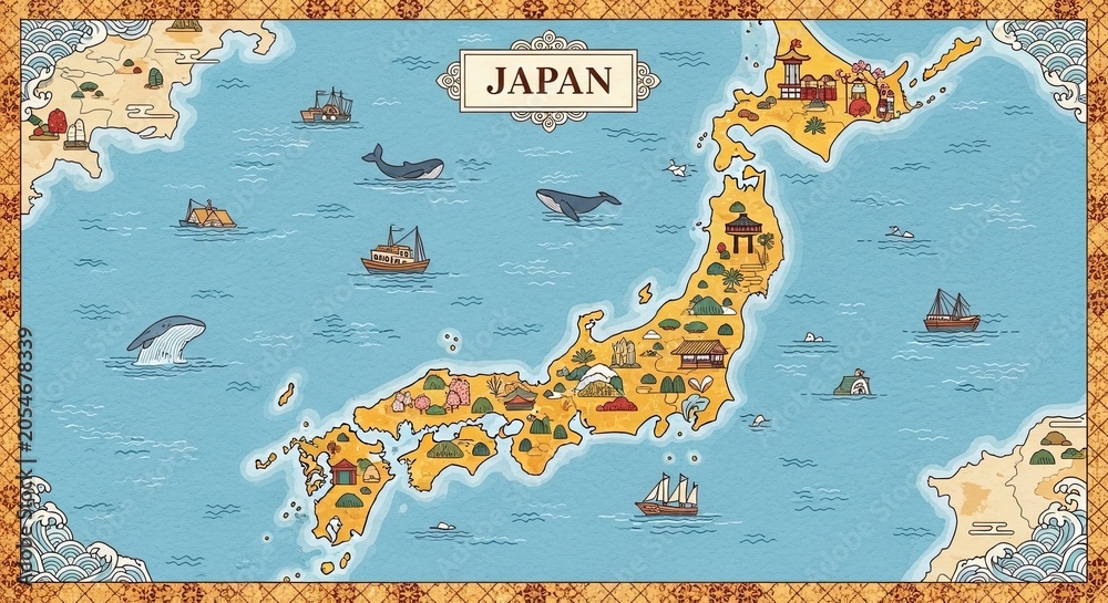 Obraz premium Vintage style illustrated map of Japan with cultural icons.