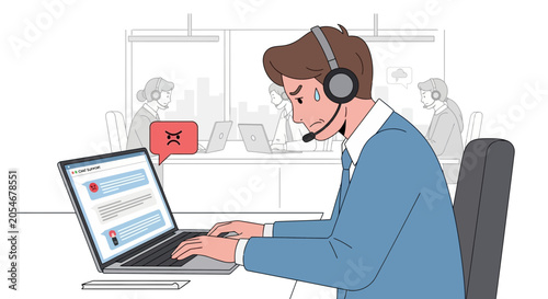 Frustrated call center agent dealing with angry customer in office
