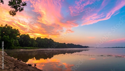 Picturesque shoreline of calm lake with dramatic sunset colors and forest reflection shoreline landscape peaceful colorful wilderness outdoors environment