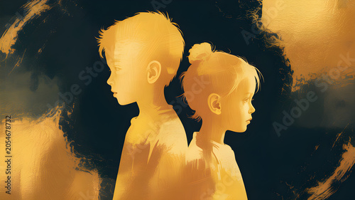 Silhouette of a young boy and girl standing side by side in the dark with soft golden light