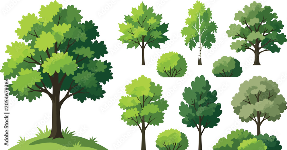 Fototapeta premium Collection of various deciduous trees and green bushes isolated on white background for landscape design and architectural visualization projects