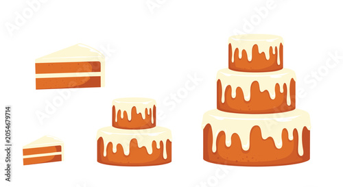 Selection of layered cakes with dripping white frosting including whole cakes and individual slices on white.