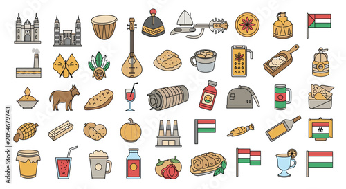 Large collection of diverse cultural icons including food flags buildings animals and traditional instruments.