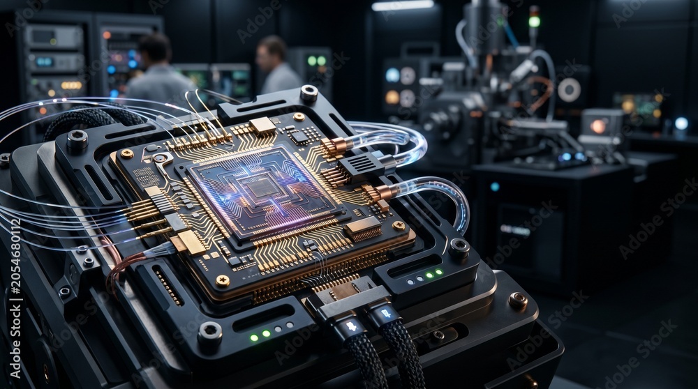 Fototapeta premium Advanced Quantum Processor Architecture Processing Data in a High Tech Laboratory Environment