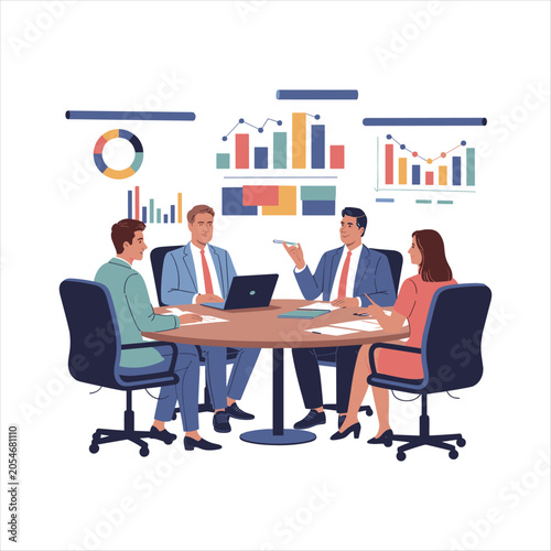 Corporate Business Meeting with Financial Charts and Data Analysis Dashboard Flat Vector Illustration