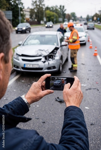 Man photographing damaged car after traffic accident for insurance claim