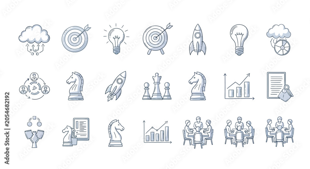 Fototapeta premium Business strategy linear icons. marketing, startup, success. editable stroke. vector illustration. target, rocket, light bulb, chess, graph.