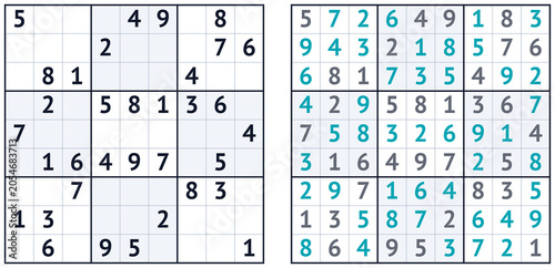 Quadro su tela Sudoku puzzle grid with solution in turquoise and aquamarine colors