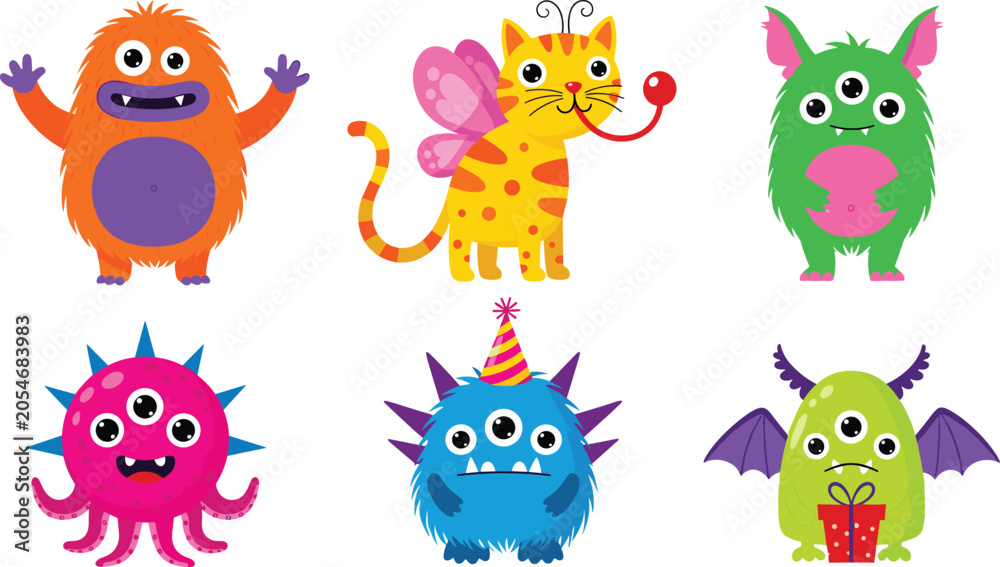 Obraz premium Cute Cartoon Monster Character Collection with Colorful Fantasy Creatures, Funny Mascots, and Adorable Kids Party Vector Illustrations