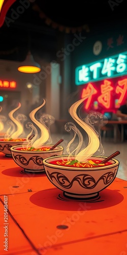 Abstract doodles of steaming soup bowls, rendered with a hazy, antique filter and captured from a ground-level vantage point,  textured,  steaming