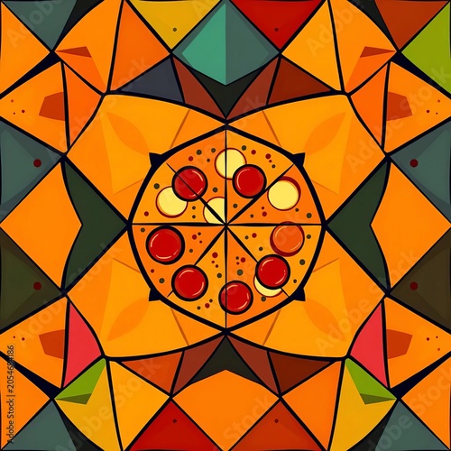 Abstract pizza pattern, geometric shapes, vibrant colors, artistic food design,  abstract,  graphic