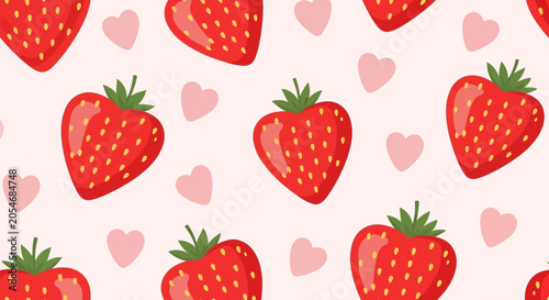 Seamless pattern with cute red strawberries and pink hearts on a light background. Sweet fruit illustration for design projects.