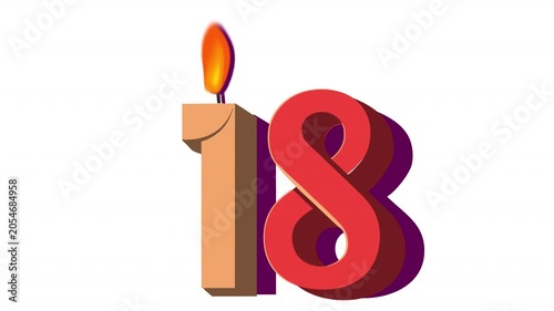 18th Birthday Candle. Animated 18th Anniversary Date, Alpha Channel. Cartoon