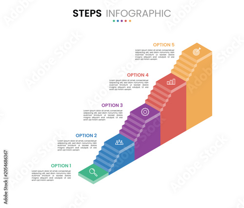 5 step stairs, staircase or ladder upward growth diagram infographic. Element presentation for milestone, strategy, success, project business