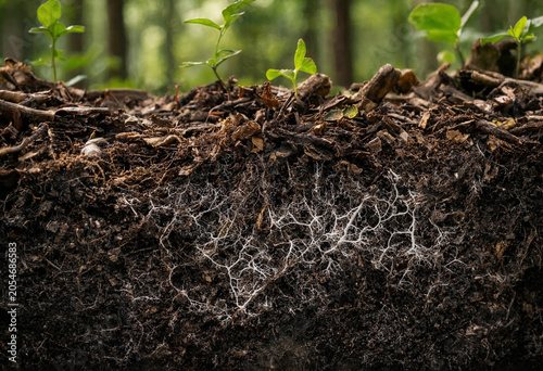 Fotografie Cross section of forest floor soil with small green seedlings growing above a co