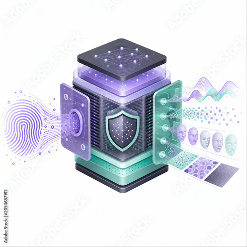 Privacy Preserving AI Engine Transforming Sensitive Data Into Synthetic Patterns Vector Illustration