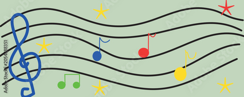 Colorful musical notes and treble clef on green background, wavy staff with colored stars, kids design