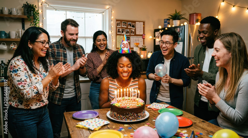 Birthday colleague celebration office cake candle coworker group party smiling, Diverse colleague birthday celebration office kitchen with cake candle coworker group party smiling, happy team