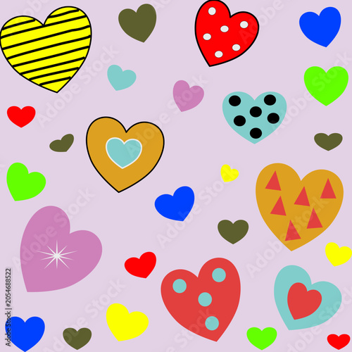 Colorful decorative hearts on light purple background, seamless romantic pattern, cute holiday print