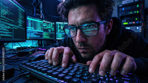 Cybersecurity expert typing keyboard computer hacker server monitor code technology male IT expert typing keyboard dark server room, focused computer monitor with code and network equipment