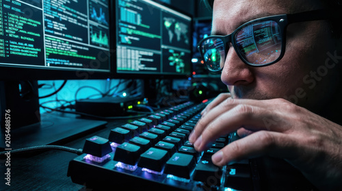 Programmer keyboard computer code monitor glasses typing cybersecurity technology hacker, man working intently at workstation with screen reflection and data interface in dark office
