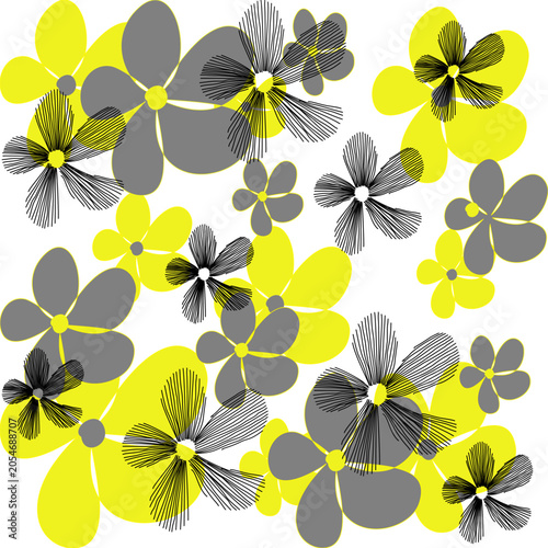 Bright yellow and grey flowers on white background, modern floral seamless pattern, summer abstract print